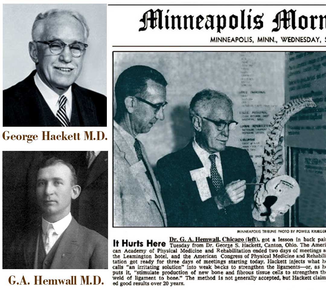 George Hackett, MD and Gustav Hemwall photos. A newspaper article about thier development of prolotherapy.